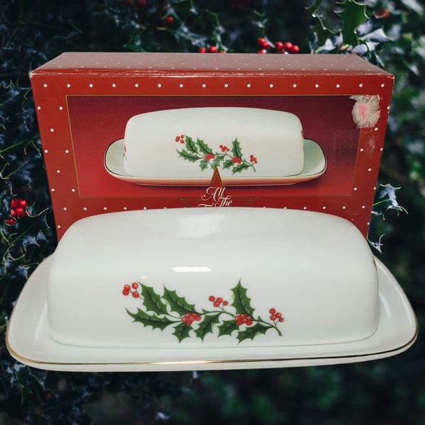 New 1987 Vintage R.H. Macy's Christmas Holly Holiday "All The Trimmings" Ceramic Porcelain Covered Butter Dish Japan ~Lovely Christmas Gift!