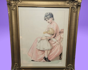 Antique 1890's Victorian Mother & Child Print in Art Nouveau Wooden and Glass Frame ~ Lovely Christmas Gift!