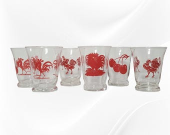 6 Vintage Libbey Juice Glasses Red Rooster Glasses Rooster & Cherry Glass Cherry Glass Swanky Swig Mid Century Modern Great Christmas Gift!