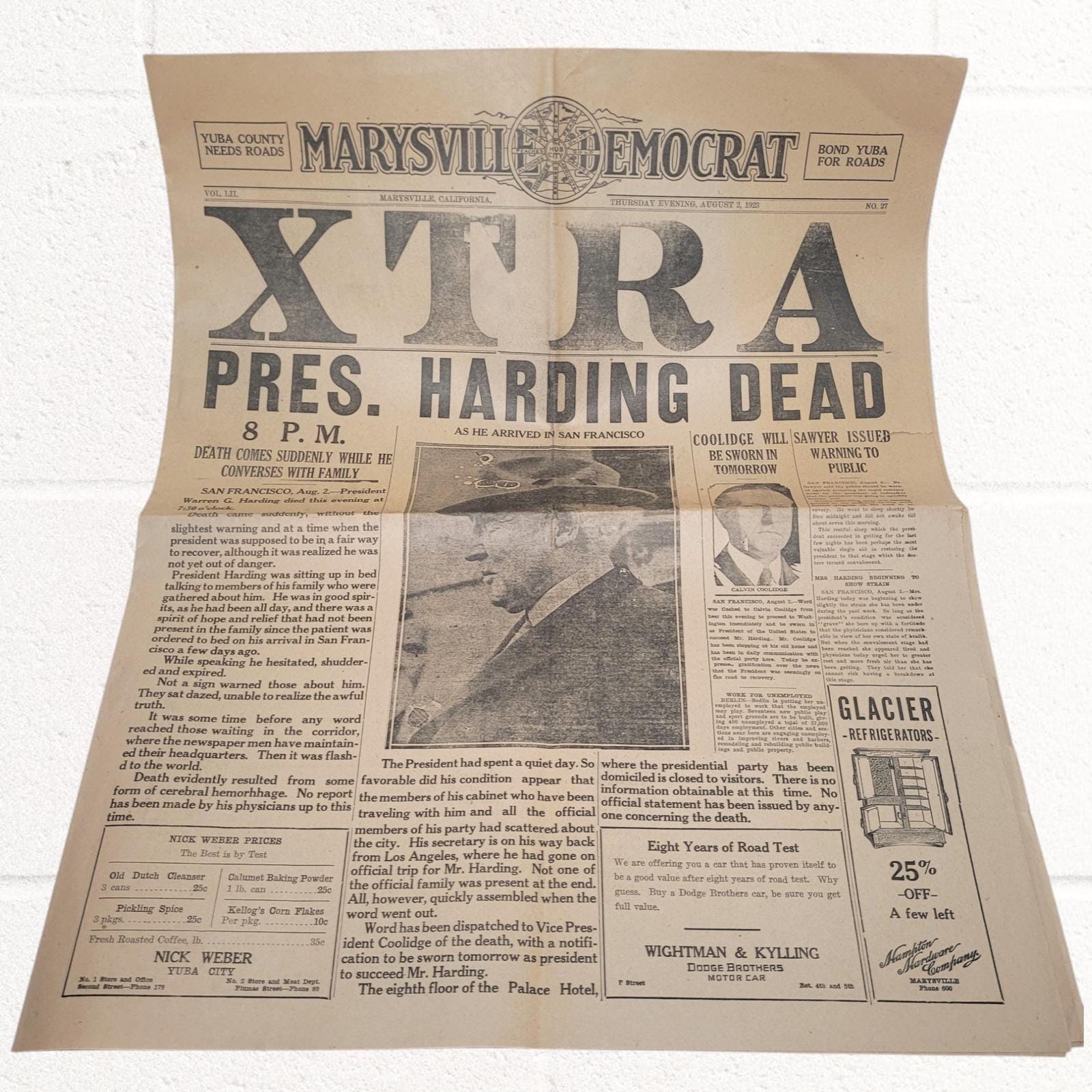 Antique 1923 Marysville Democrat Newspaper "XTRA" Edition "President Harding Dead" ~ Fascinating Historical News & Information! Great Gift!