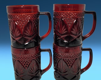 4 Vintage Arcoroc Rubis Sala Antique Ruby Red Glass Mugs by Cristal D'Arques-Durand ~ Made in France