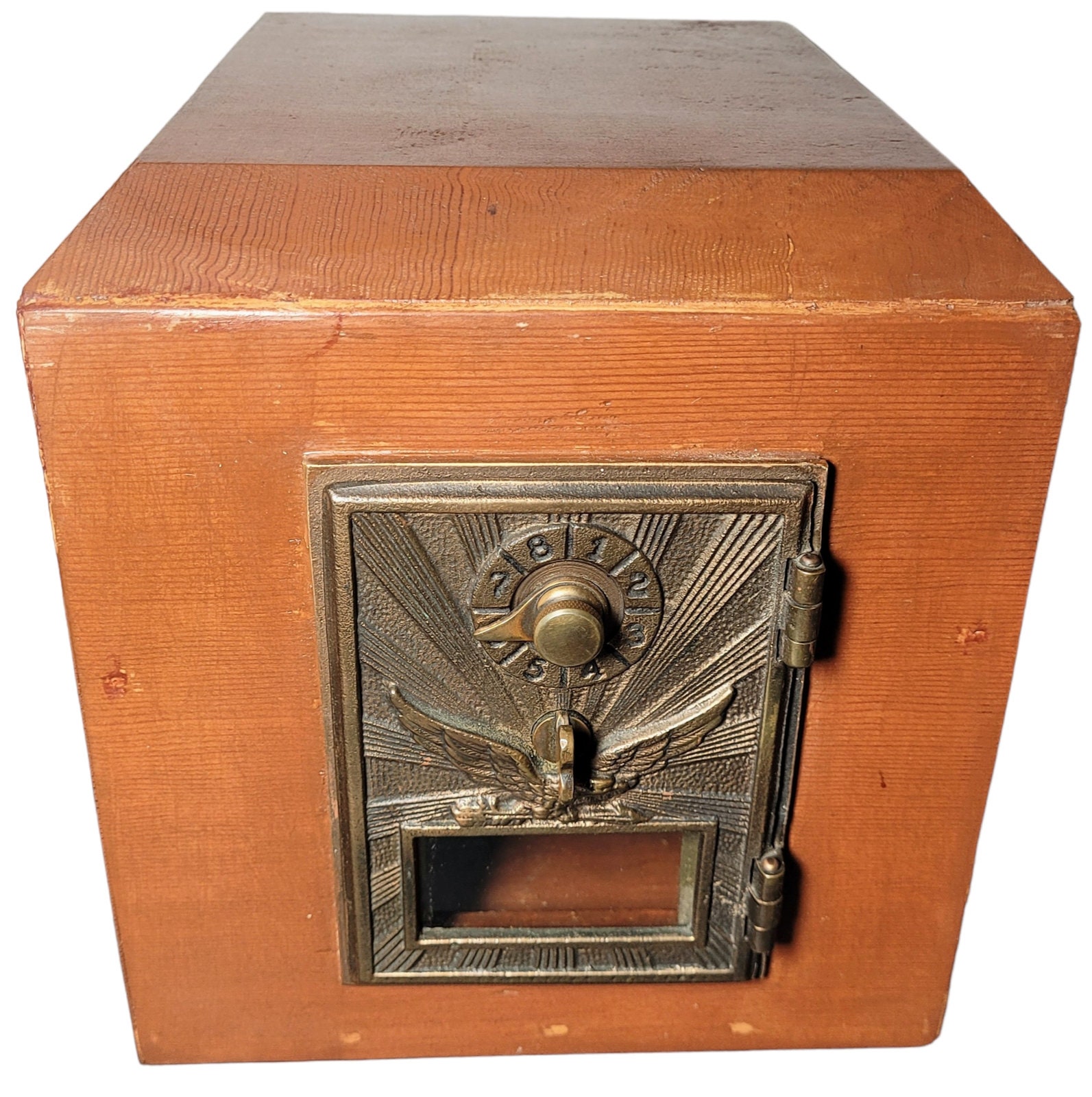 Large Antique Brass American Eagle & Wooden Post Office Box Combination Lock Lockbox ~ Perfect for Coin Piggy Bank! Great Christmas Gift!