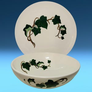 May include: White ceramic plate and bowl set with a green ivy leaf design. The leaves are a deep green with brown stems, creating a naturalistic pattern. The bowl is round, and the plate is flat, both with a glossy finish.