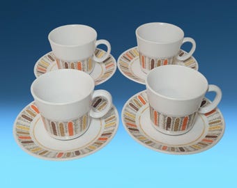 4 Vintage Mid Century Modern Noritake Progression MARDI GRAS Coffee Mugs / Tea Cups with Saucers ~ Made in Japan