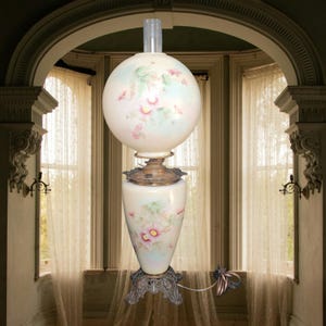 Antique Victorian Gone With The Wind Kerosene Parlor Lamp Converted to Electric Lamp ~ Handpainted Floral Flowers ~ Great Christmas Gift!