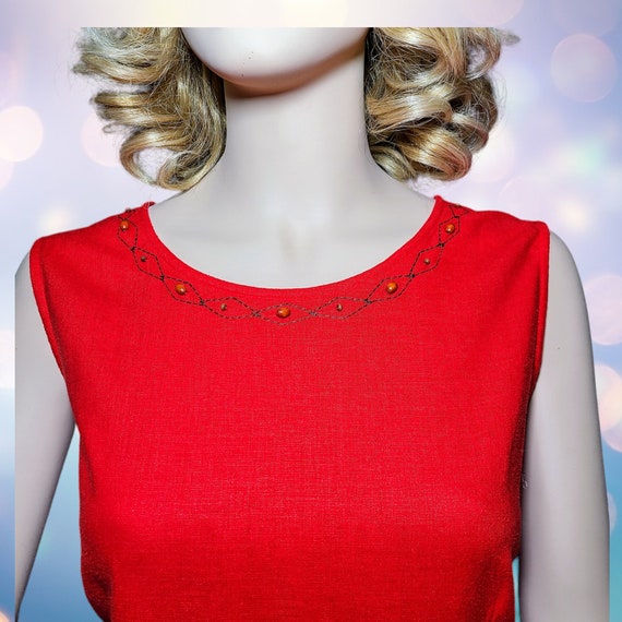 Vintage Womens Coldwater Creek Red Beaded Linen Full Length Sleeveless Shift Dress ~ Size14 ~ Great Christmas Gift!