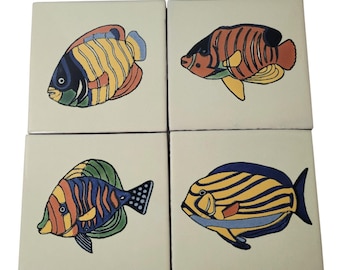 4 Vintage Talavera Fish Tiles Terra Cotta Ceramic Handcrafted Handpainted Glazed Mexican Tiles