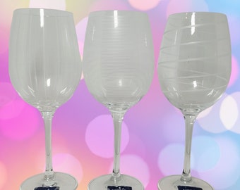 3 New / Unused Mikasa "Cheers" 16 oz. White Wine Glasses in Original Box ~ 1 each Horizontal, Spiral, and Vertical Stripe Design