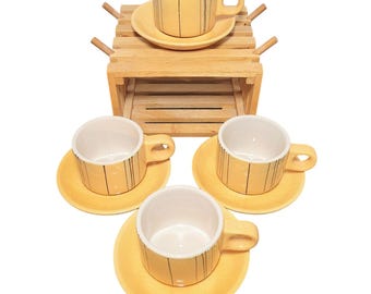 8 Vintage Ceramic Yellow Tea Cups & Saucers w/ Wooden Stand ~ Made by Wandfond Ceramics ~ Christmas Gifts!