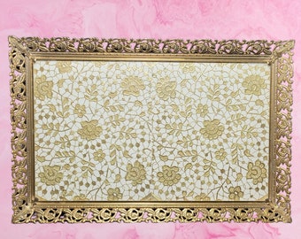 1950s Gold Filigree & Brass Tone Metal Vanity Dresser Tray Gold Doily under Glass Hollywood Regency Mid Century Modern Great Christmas Gift!