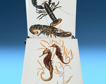 2 MCM Phyllis Howard (P Howard) Sea Horse & Lobster 6" Ceramic Tile Trivets Screencraft West Yarmouth Massachusetts Cape Cod Christmas Gift!