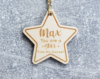 School Leaver Keyring |  Gift Teacher Pupil Student | Personalised Wooden Star Keychain | Graduation Gift | Leaving Present