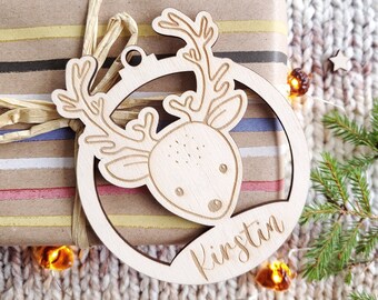 Personalized Christmas Deer Ornament: Engraved Birch Wood Bauble