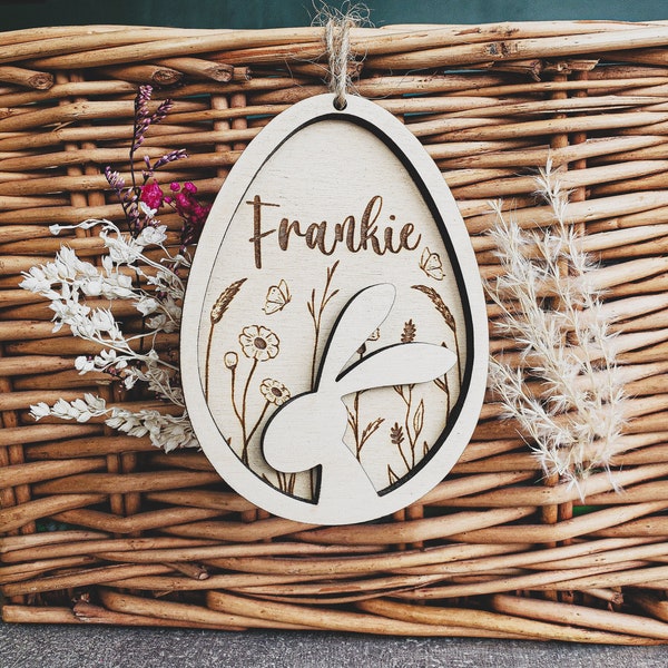Happy Easter Personalised egg basket tag | Custom Easter Basket bunny | Wooden Easter Plaque | Easter Decoration | My First Easter | Name