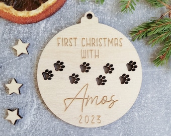 Personalized Dog Christmas Ornament: Engraved Birch Wood Puppy Bauble