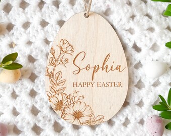 Personalized Wooden Easter Egg Tag: Birch Wood Basket Decoration