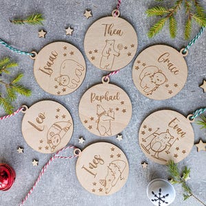 Personalized Christmas Ornament: Engraved Birch Wood Bauble, Scandi Bear Design
