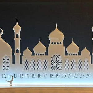 Wooden Ramadan Calendar with LED light | Eid Countdown | Ramadan Lamp | Eid Gift | Eid Celebration |Eid Table Stand Decoration Freestanding white + Acrylic Top