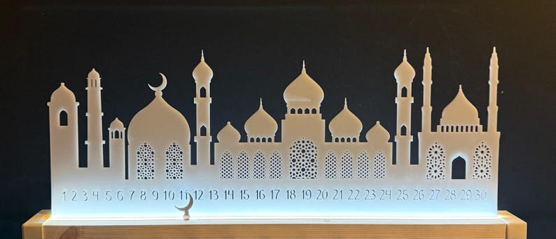 Wooden Ramadan Calendar with LED light | Eid Countdown | Ramadan Lamp | Eid Gift | Eid Celebration |Eid Table Stand Decoration Freestanding white + Acrylic Top