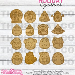 May include: A collection of laser-cut wooden holiday-themed squishy molds. Designs include a snowman in a snow globe, a wreath, a Christmas tree, a bear, an egg, a Santa, a reindeer, and a milk carton. The text "HOLIDAY Squishies" is at the top.