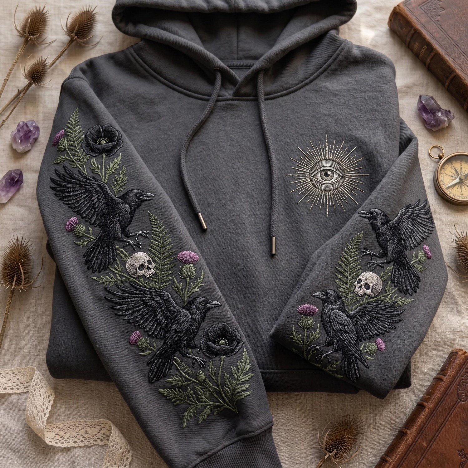 Dark Nature Embroidered Hoodie, Raven Skull Hoodie, Spooky Raven Gift Crewneck, Witchy Black Bird Gift, Mystical Lover Hoodie