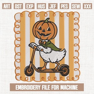 Pumpkin Head Goose Halloween embroidery designs, Goose on Scooter embroidery pattern, spooky halloween embroidery files, 5x7, 4x4