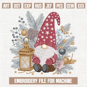 May include: An embroidery file design featuring a gnome with a red hat adorned with white stars, surrounded by festive greenery, ornaments, and a lantern. The text "EMBROIDERY FILE FOR MACHINE" is displayed at the bottom.