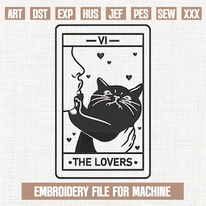 Disegni da ricamo "The Lovers Tarot Cat", modello da ricamo "Black Cat Witchy", file da ricamo "Halloween Tarot", 5x7, 4x4