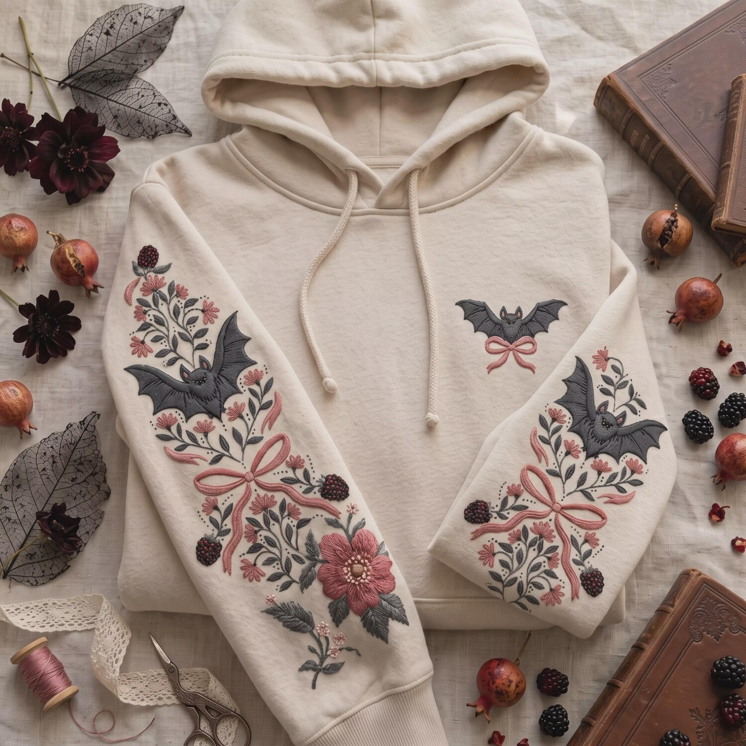 Cute Floral Bat Embroidered Hoodie, Vampire Bat Hoodie, Flying Bat Gift Crewneck, Halloween Lover Gift, Spooky Lover Hoodie