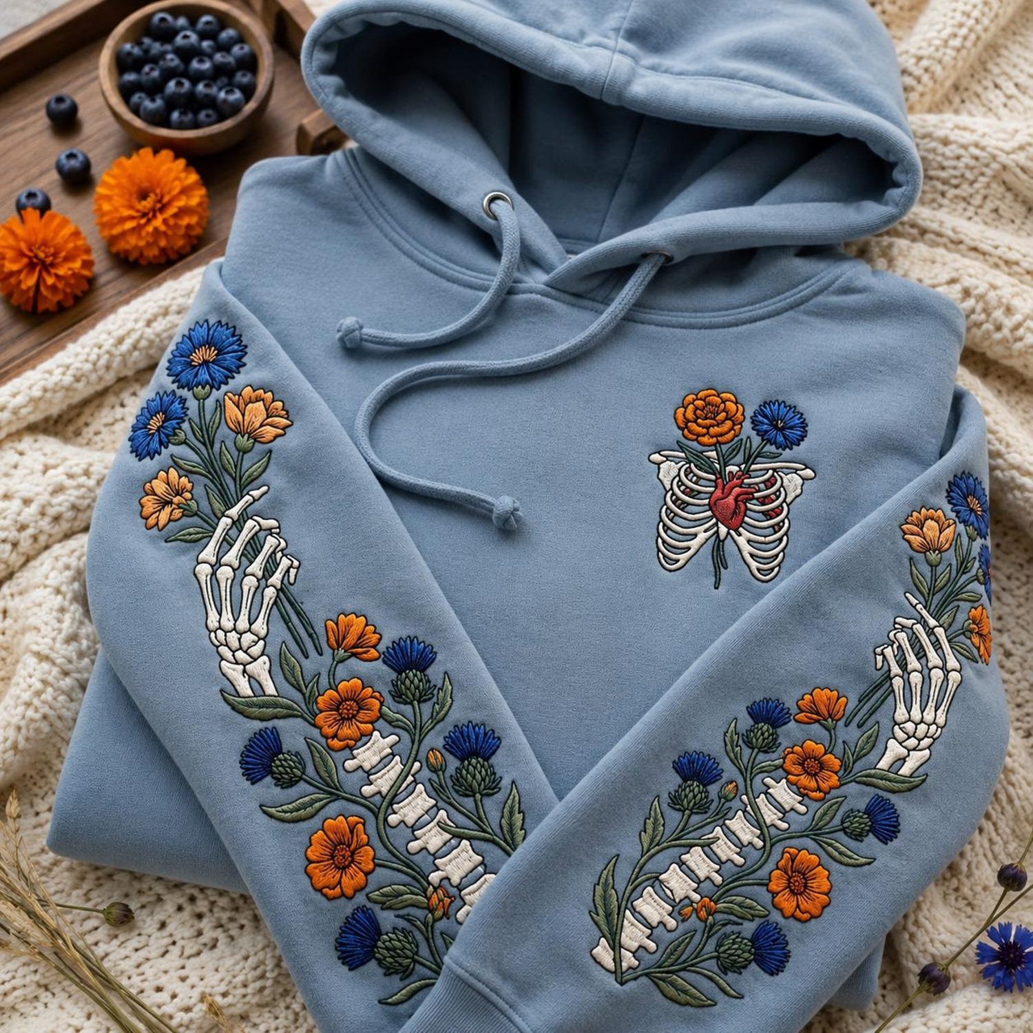 Wildflower Skeleton Embroidered Hoodie, Floral Skull Hoodie, Spooky Aesthetic Gift Crewneck, Halloween Lover Gift, Spooky Lover Hoodie