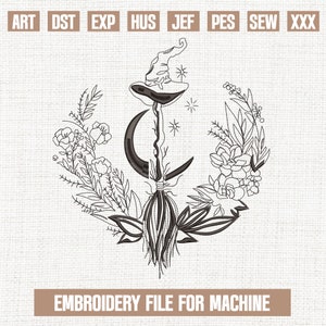 Moon witch flowers embroidery designs, witchcraft embroidery pattern, halloween mystical embroidery files trendy, 4 sizes