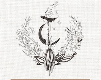Moon witch flowers embroidery designs, witchcraft embroidery pattern, halloween mystical embroidery files trendy, 4 sizes