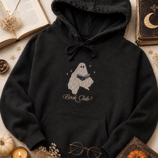 Ghost Book Reading Embroidered Sweatshirt, Retro Halloween Ghost Shirt, Book Lover Crewneck, Halloween Gift, Spooky Lover Sweatshirt