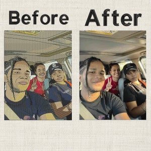Pode incluir: Uma foto antes e depois de um grupo de pessoas em um carro. A foto antes &eacute; um desenho animado das pessoas, enquanto a foto depois &eacute; uma foto real. As pessoas est&atilde;o todas sorrindo e olhando para a c&acirc;mera.