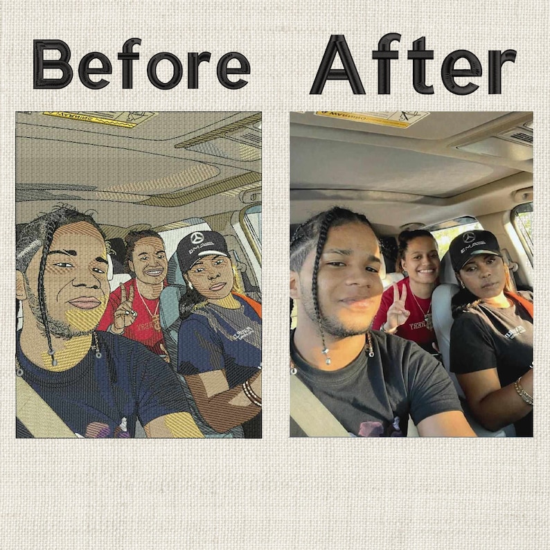Pode incluir: Uma foto antes e depois de um grupo de pessoas em um carro. A foto antes &eacute; um desenho animado das pessoas, enquanto a foto depois &eacute; uma foto real. As pessoas est&atilde;o todas sorrindo e olhando para a c&acirc;mera.