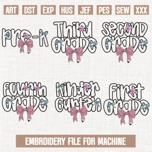 Bundle Back to School embroidery designs, Pre-K to Fourth Grade Pencil Bow embroidery pattern, Cute School embroidery files, 5x7, 4x4