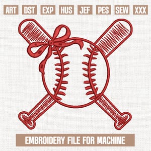 May include: Red baseball and two crossed bats with a red bow on top.  Embroidery file for machine.