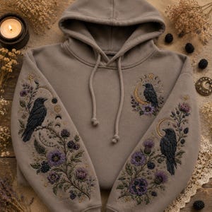 May include: A taupe hoodie featuring intricate embroidery on both sleeves and the chest. The design includes black ravens, purple flowers, dark berries, and golden moon phases. The hoodie has a hood with matching taupe drawstrings and long sleeves.
