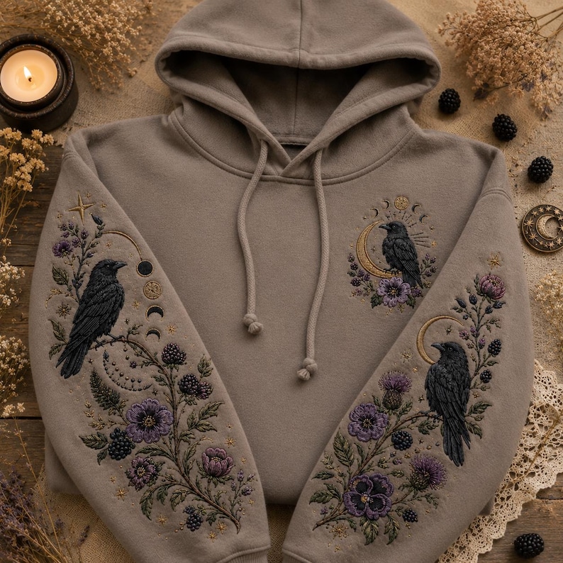May include: A taupe hoodie featuring intricate embroidery on both sleeves and the chest. The design includes black ravens, purple flowers, dark berries, and golden moon phases. The hoodie has a hood with matching taupe drawstrings and long sleeves.