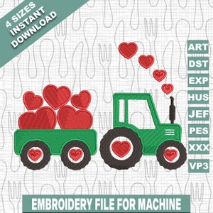 Valentine's Day Tractor Embroidery Designs Files, Love Heart Tractor Embroidery Designs, Machine Embroidery Files, 4 Sizes, Instant Download