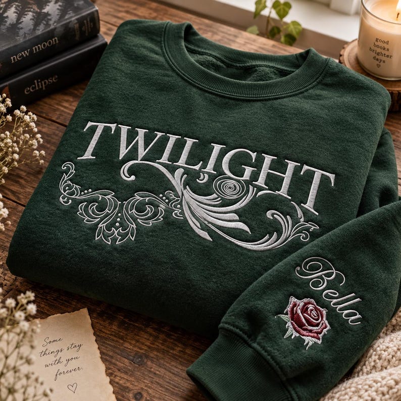 May include: A dark forest green crewneck sweatshirt featuring white embroidered text that reads TWILIGHT above a decorative white floral scroll design. The sleeve features the embroidered name Bella in white script above a red rose graphic.