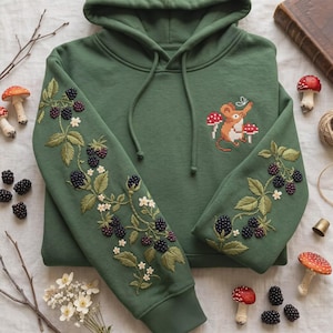 Raspberry Floral Embroidered Hoodie, Fruits Berries Leaves Hoodie, Flower Lover Crewneck, Halloween Lover Gift, Spooky Lover Hoodie
