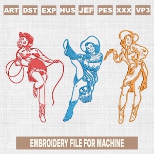 Cowgirl embroidery designs, retro western embroidery pattern, cowgirl pinups embroidery files trendy, machine embroidery designs, 4 sizes