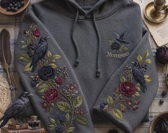 Crow Bird Floral Embroidered Hoodie, Floral Crow Raven Hoodie, Spooky Horror Garden Gift Crewneck, Witchy Bird Gift, Mystical Lover Hoodie