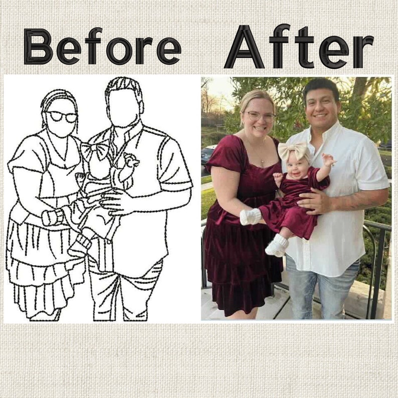 Pode incluir: Um desenho a preto e branco de uma fam&iacute;lia de tr&ecirc;s, uma mulher, um homem e um beb&eacute;. A mulher est&aacute; a usar um vestido com babados, o homem est&aacute; a usar uma camisa e cal&ccedil;as, e o beb&eacute; est&aacute; a usar um vestido. O desenho &eacute; rotulado como "Antes" e h&aacute; uma fotografia a cores da mesma fam&iacute;lia rotulada como "Depois".