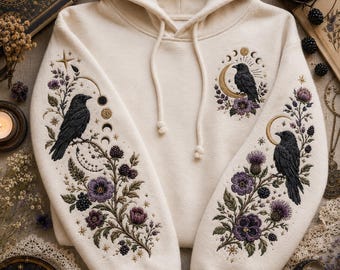 Celestial Raven Embroidered Hoodie, Raven Branch Hoodie, Gothic Black Bird Gift Crewneck, Witchy Bird Gift, Mystical Lover Hoodie