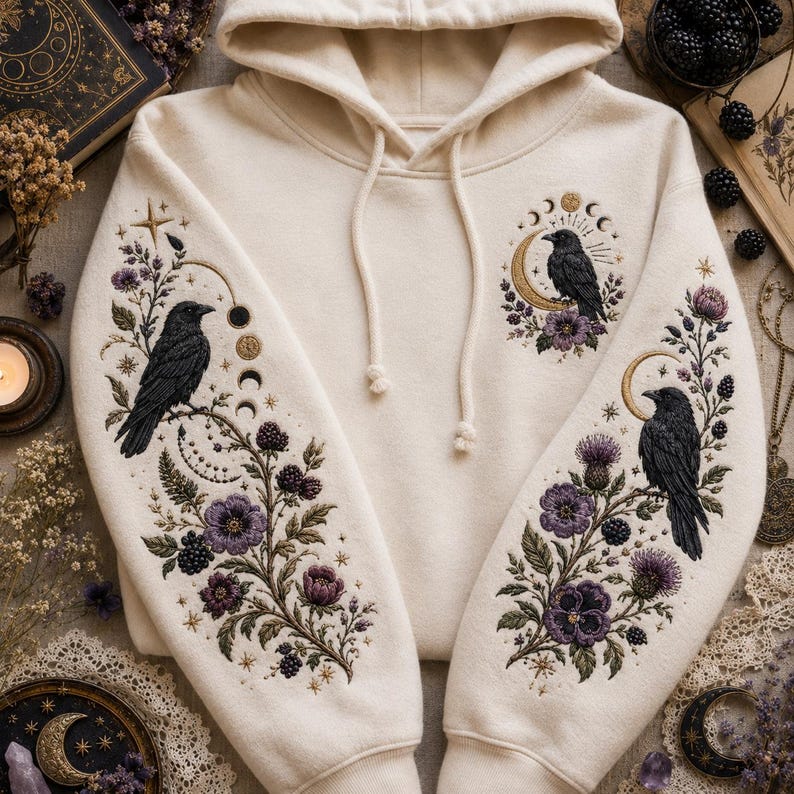 May include: A cream-colored hooded sweatshirt featuring intricate embroidery on the sleeves and chest. The design includes black ravens perched on floral branches with purple flowers, blackberries, and golden moon phases and stars.