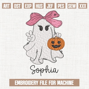 Custome name ghost cute embroidery designs, pink ghost bow embroidery pattern, pumpkin embroidery files trendy, gifts for halloween, 5x7