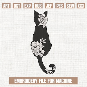 Floral schwarze Katze Stickmuster, Stickmuster Katze, Blumen Kätzchen Stickdateien trendy, Geschenke für Halloween, 13x18