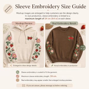 May include: A sleeve embroidery size guide featuring a cream hoodie and a brown sweatshirt with strawberry and flower embroidery. The text states a maximum sleeve embroidery length of 24 cm (9.4 in) and explains that mockup images are enlarged.